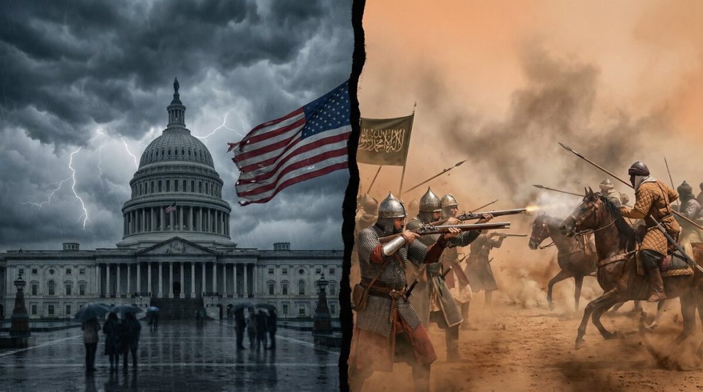 Split-screen image: US Capitol under storm clouds and the Battle of Tondibi, 1591