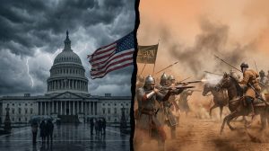 Split-screen image: US Capitol under storm clouds and the Battle of Tondibi, 1591