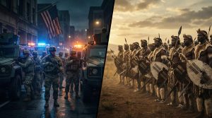 Split-screen: American National Guard soldiers in a tense standoff on a city street, next to Zulu warriors in formation on the African savanna