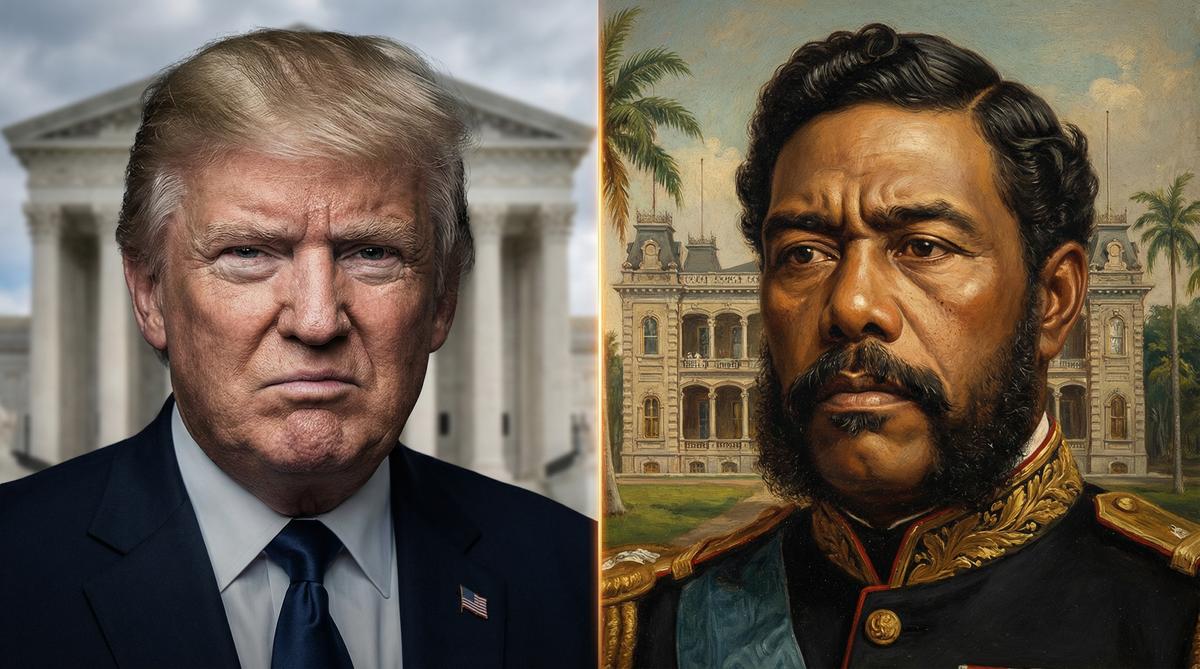 Split screen: On the left, a modern image of the Supreme Court building. On the right, a historical painting of King Kalakaua of Hawaii.