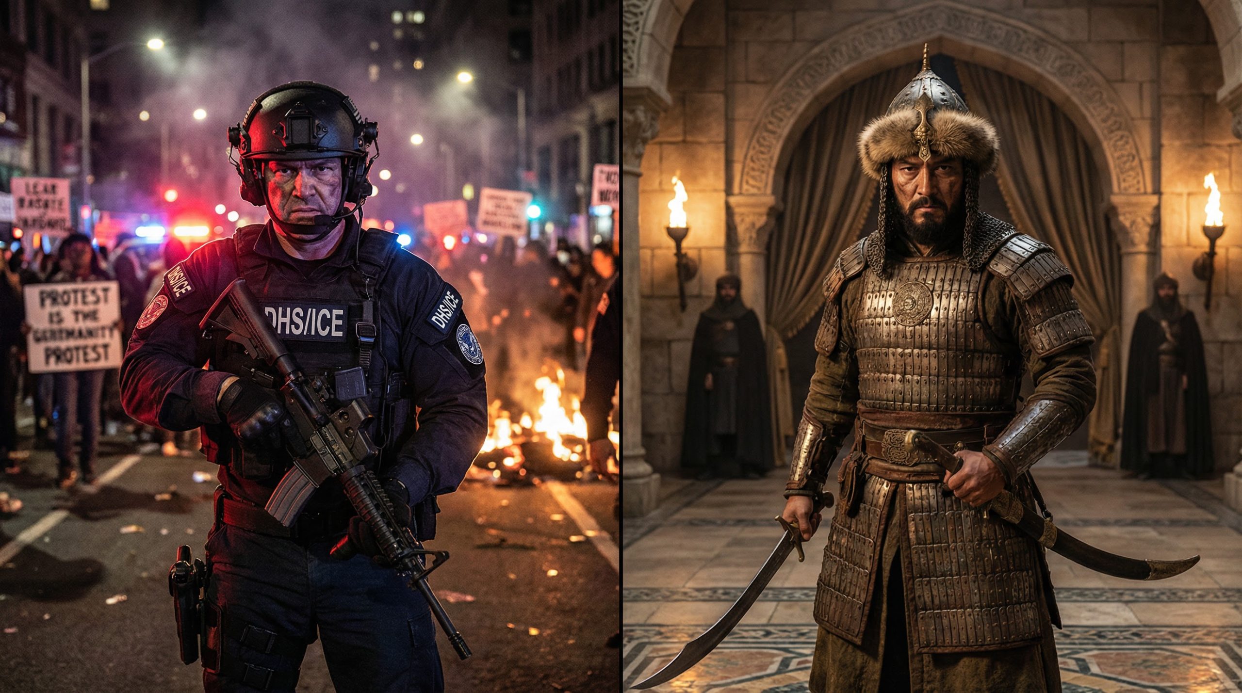 Split screen: On the left, a modern DHS/ICE agent in tactical gear. On the right, an Abbasid Turkic guard in historical armor.