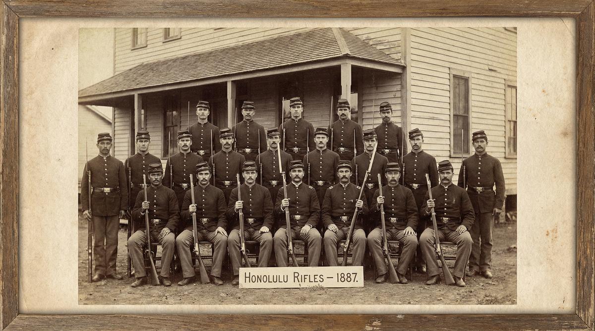 The Honolulu Rifles, the armed militia of the Hawaiian League, posed for a group portrait in 1887.