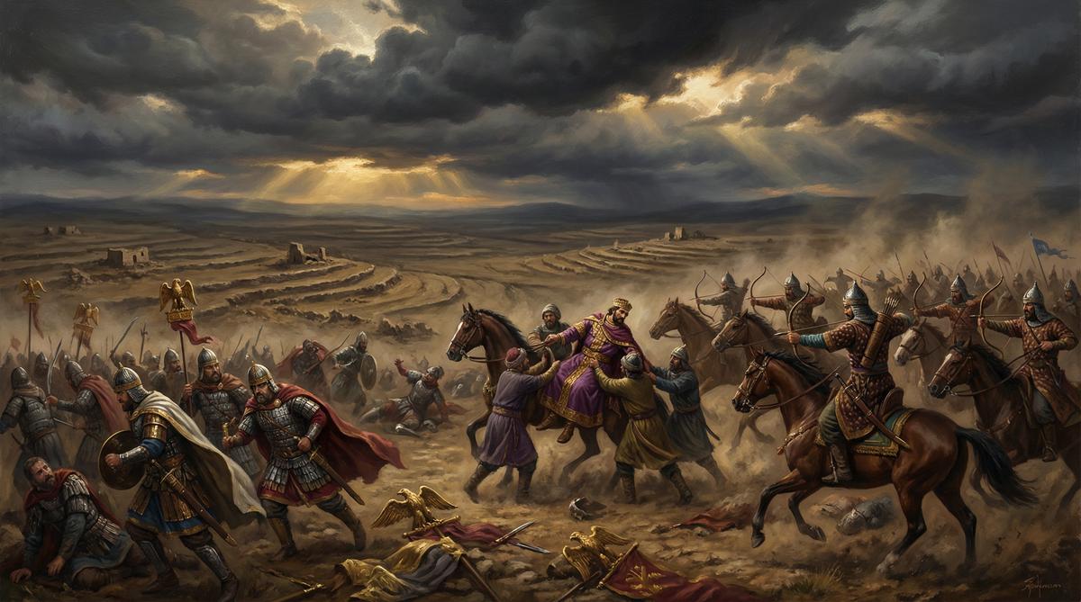 A dramatic painting of the Battle of Manzikert in 1071 AD, showing Byzantine soldiers in disarray as Seljuk Turkish cavalry charges.