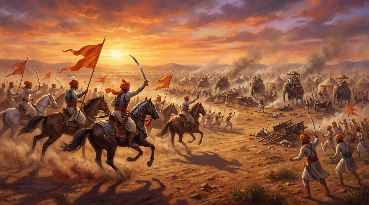 Maratha warriors charging against the exhausted Mughal army on the Deccan plateau — the rebellion that bled an empire dry after it betrayed its own allies.