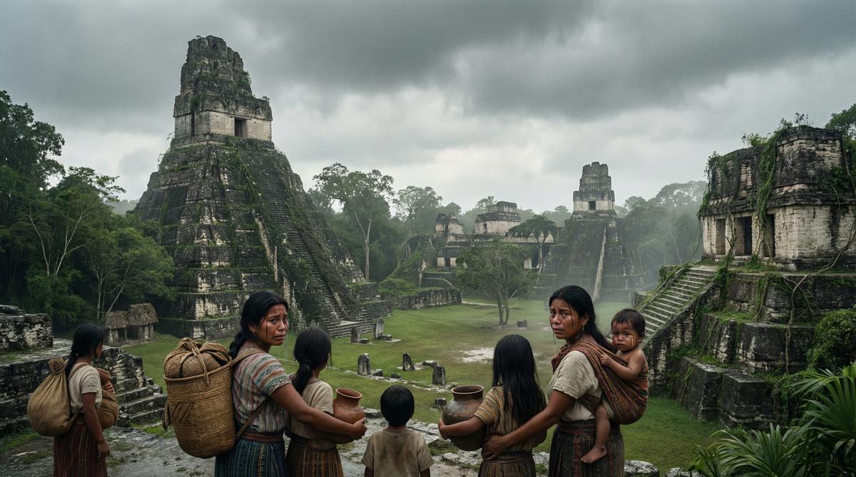 Families abandoning a once-great Maya city as its pyramids crumble.
