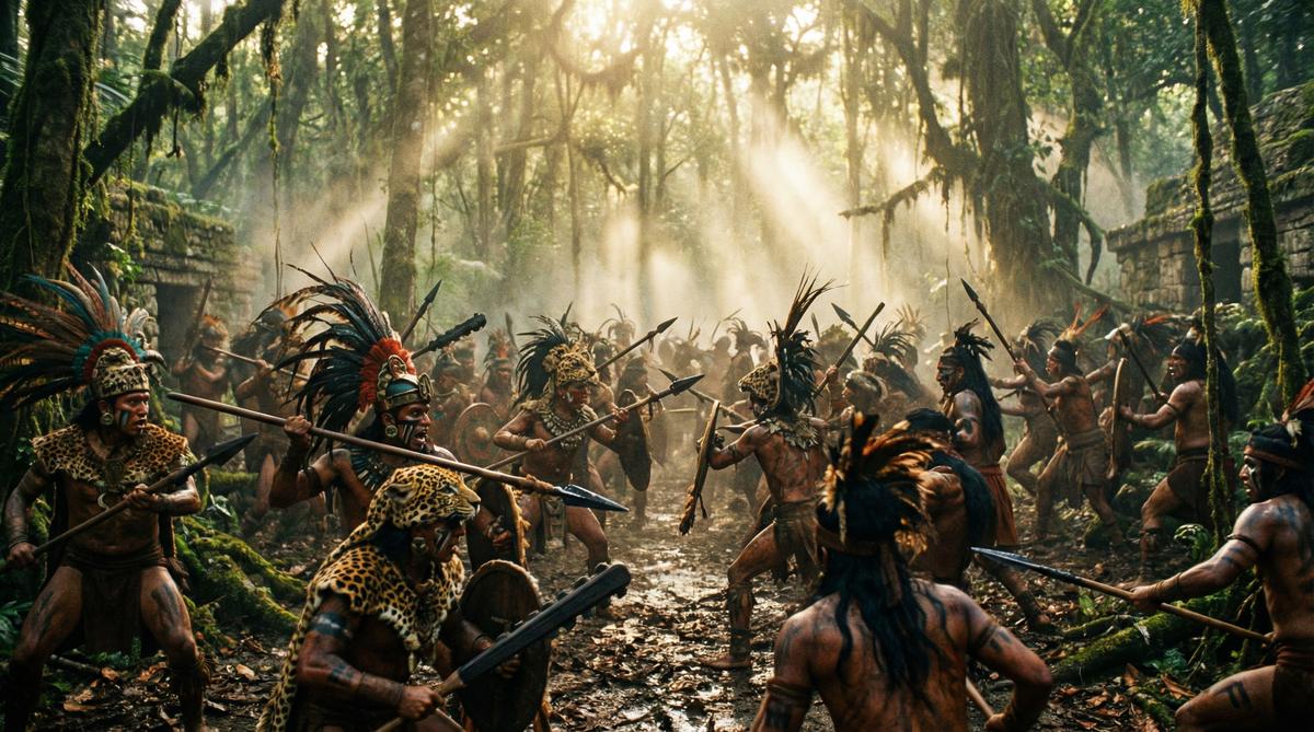 Maya warriors in fierce battle in a dense jungle.