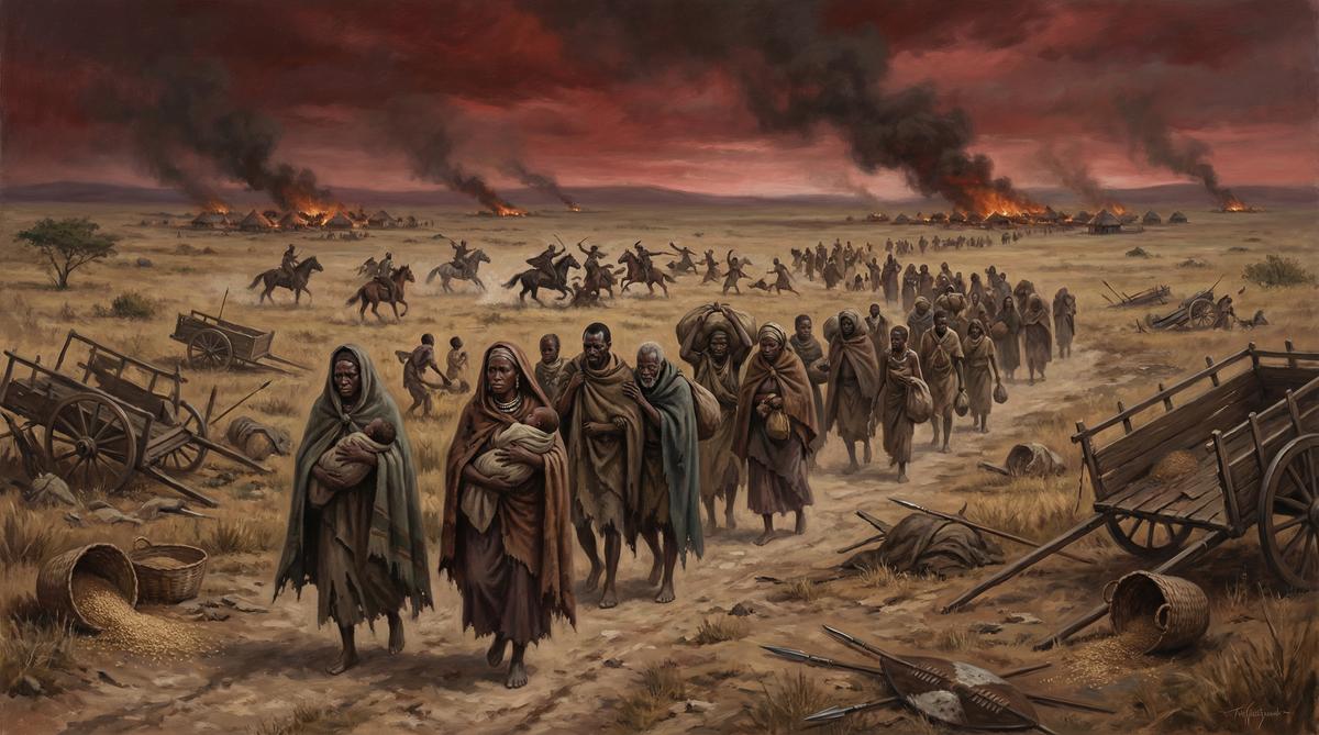 The devastation of the Mfecane: displaced families and refugees fleeing across the African savanna as villages burn in the background