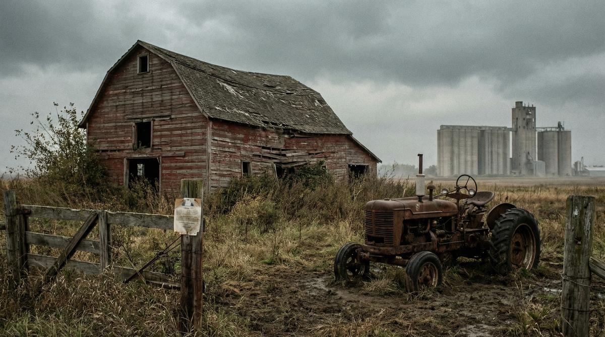 A somber photograph of an abandoned American family farm with a weathered red barn, rusted tractor, and corporate grain silos in the background.