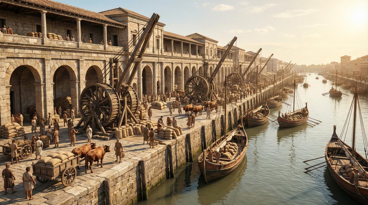 The bustling Roman port of Ostia, the logistical heart of the Annona grain supply system