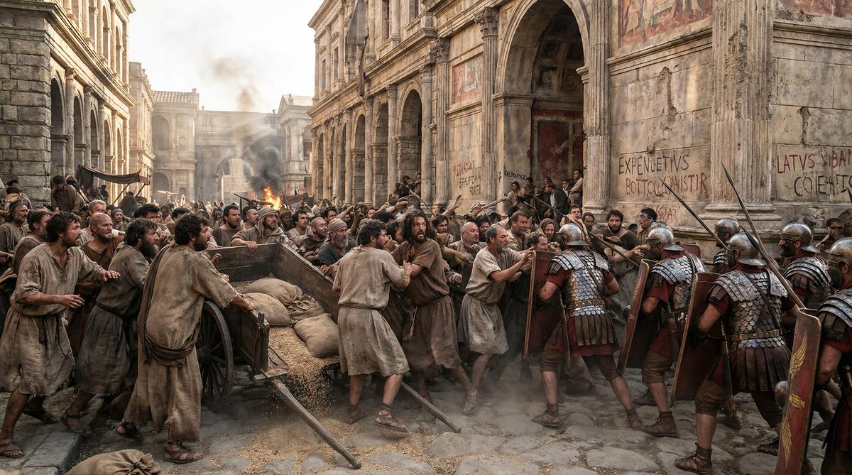A desperate food riot in the streets of 5th-century Rome after the collapse of the grain supply