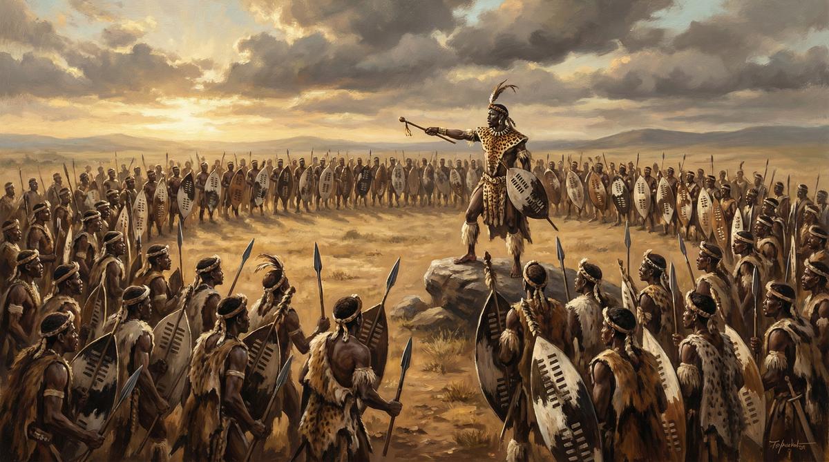 King Shaka commanding his Zulu army in the famous buffalo horns formation on the African grasslands