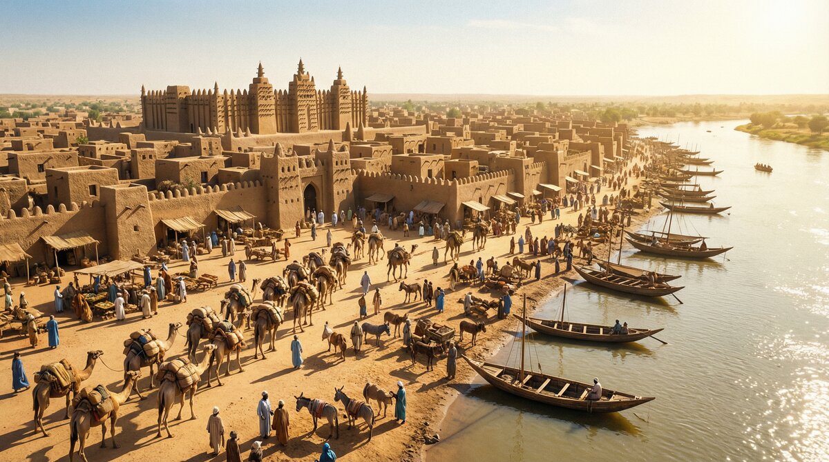 The Songhai Empire's capital city of Gao at its peak, circa 1500 CE, bustling with trade along the Niger River