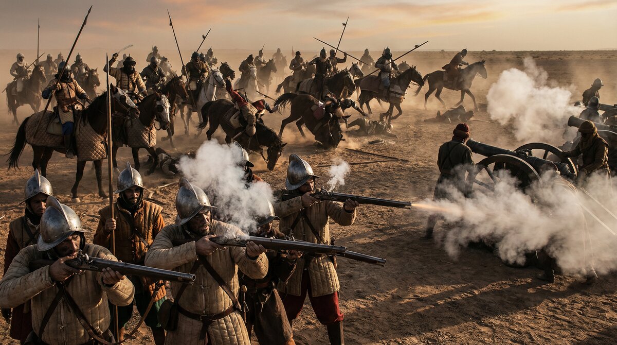 The Battle of Tondibi in 1591, Moroccan soldiers with arquebuses firing on the disorganized Songhai cavalry