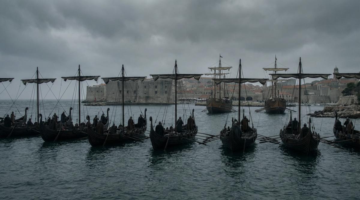 The Vandal fleet under King Gaiseric blockading the port of Carthage in 439 AD, severing Rome’s grain supply