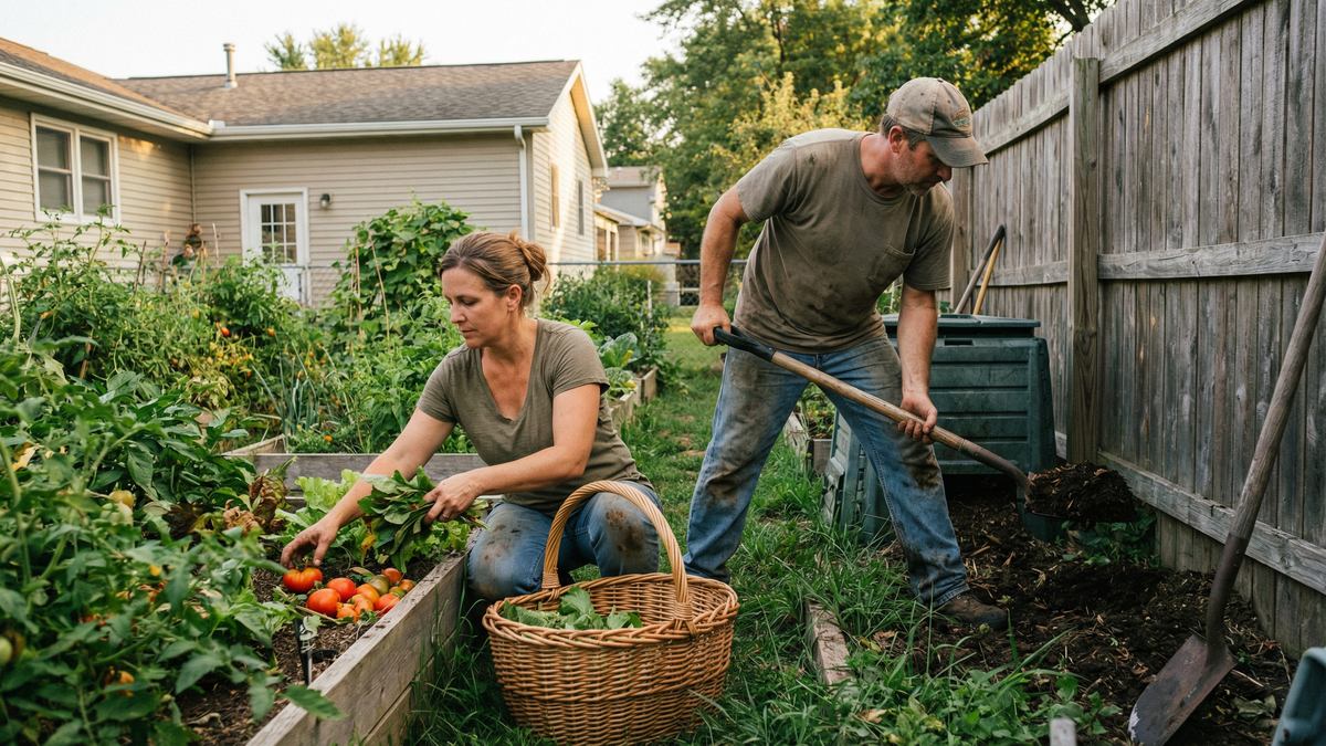 American family building food sovereignty in backyard garden - local resilience