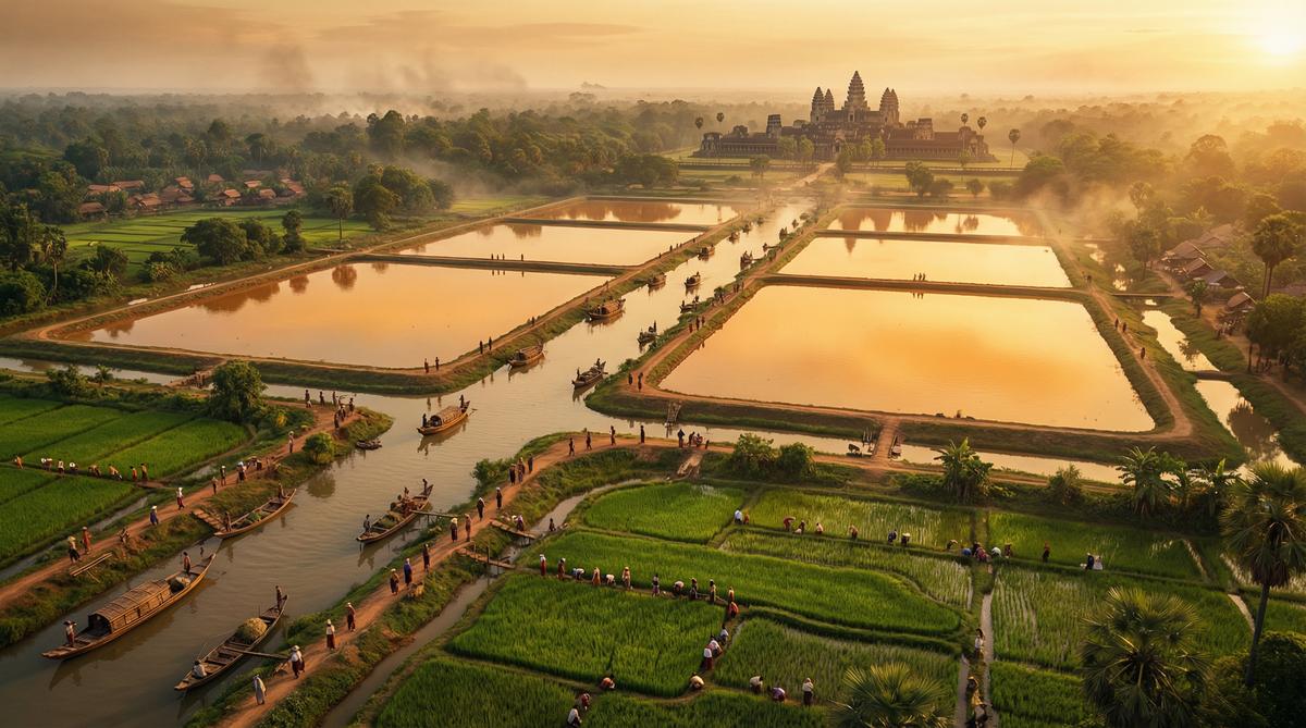 The vast Angkor hydraulic network at its peak — reservoirs, canals, and rice paddies stretching to the horizon with Angkor Wat in the background