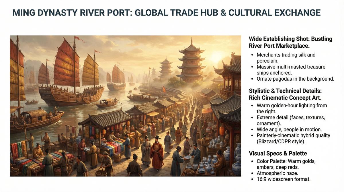 Bustling Ming Dynasty river port marketplace at the height of Chinese economic power