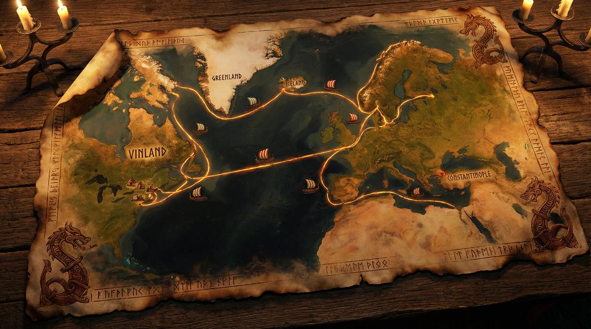 Viking Age trade routes map — from Vinland to Constantinople, the full reach of the Norse world