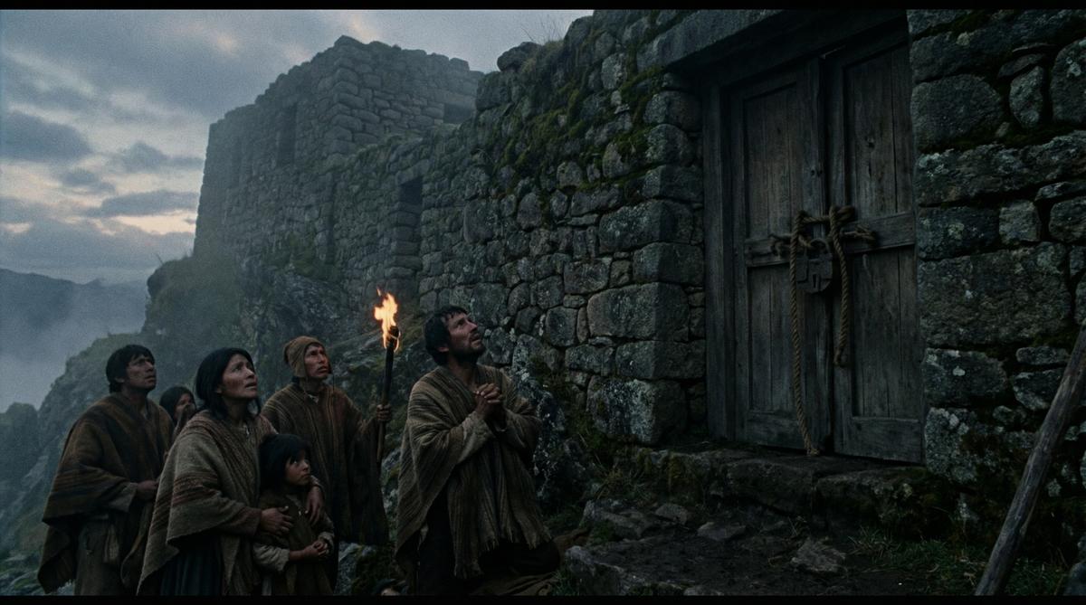 Inca citizens standing before locked stone storehouses in the Andes mountains