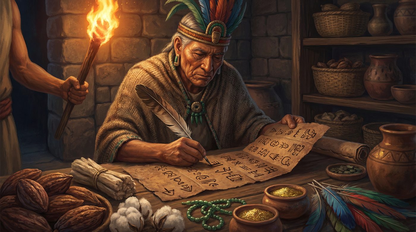 Aztec scribe recording tribute demands in the Matricula de Tributos