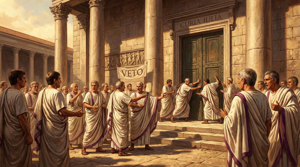 Roman politicians in togas blocking the entrance to the Senate building, symbolizing political gridlock and the weaponization of the veto