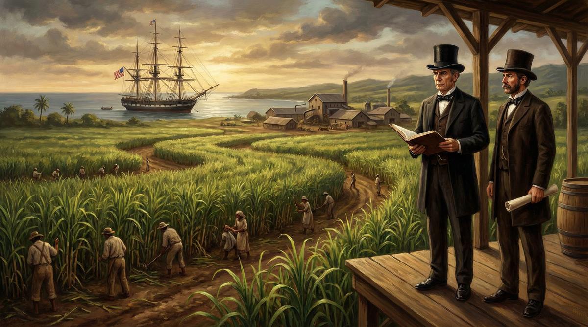 American sugar plantation owners in Hawaii in the 1880s, holding ledgers while overseeing workers — symbolizing economic control and sovereignty loss