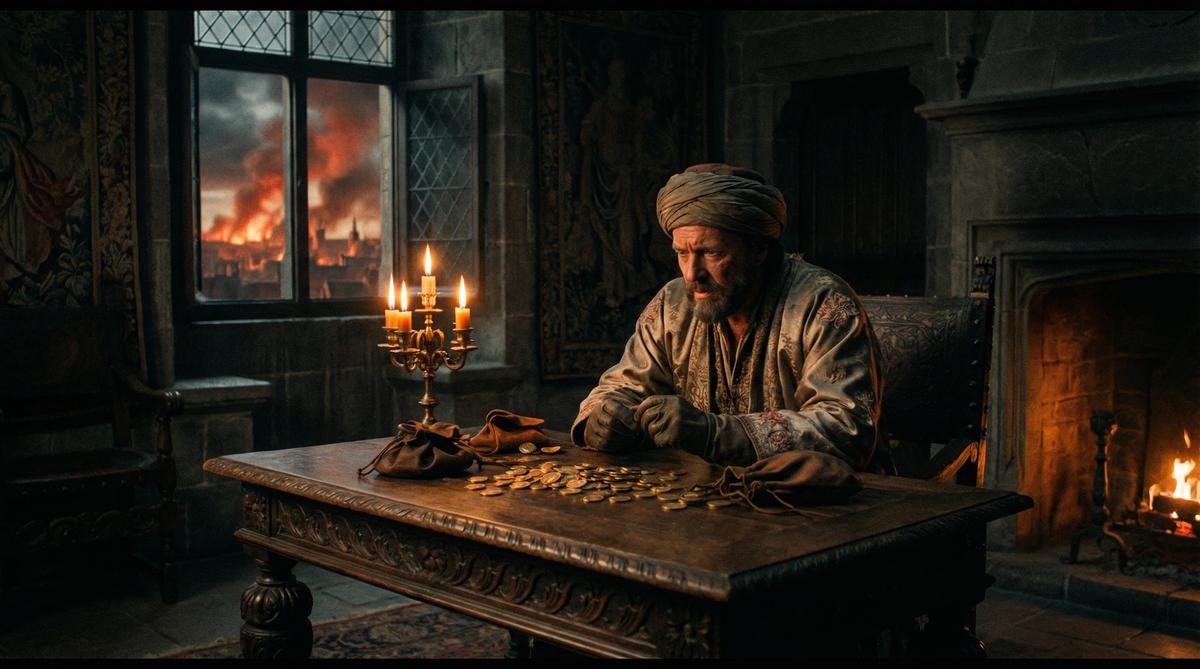 Mughal court official counting coins while city burns outside window