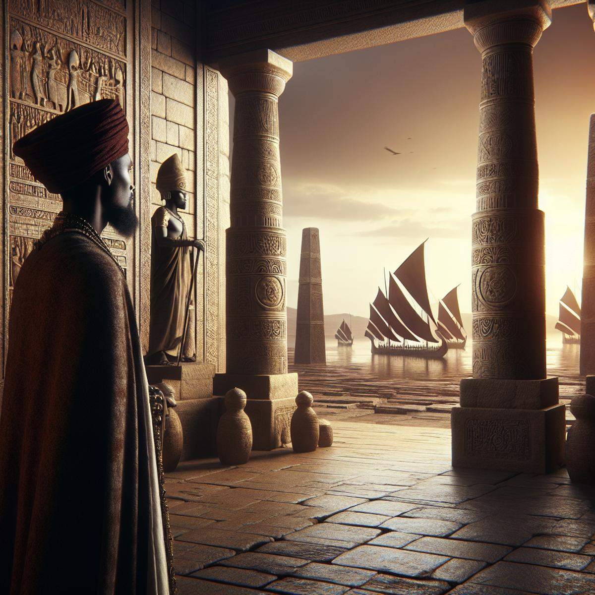 Ancient Aksum Empire merchant overlooking the Red Sea trade routes as Arab dhows sail away, symbolizing the loss of trade dominance