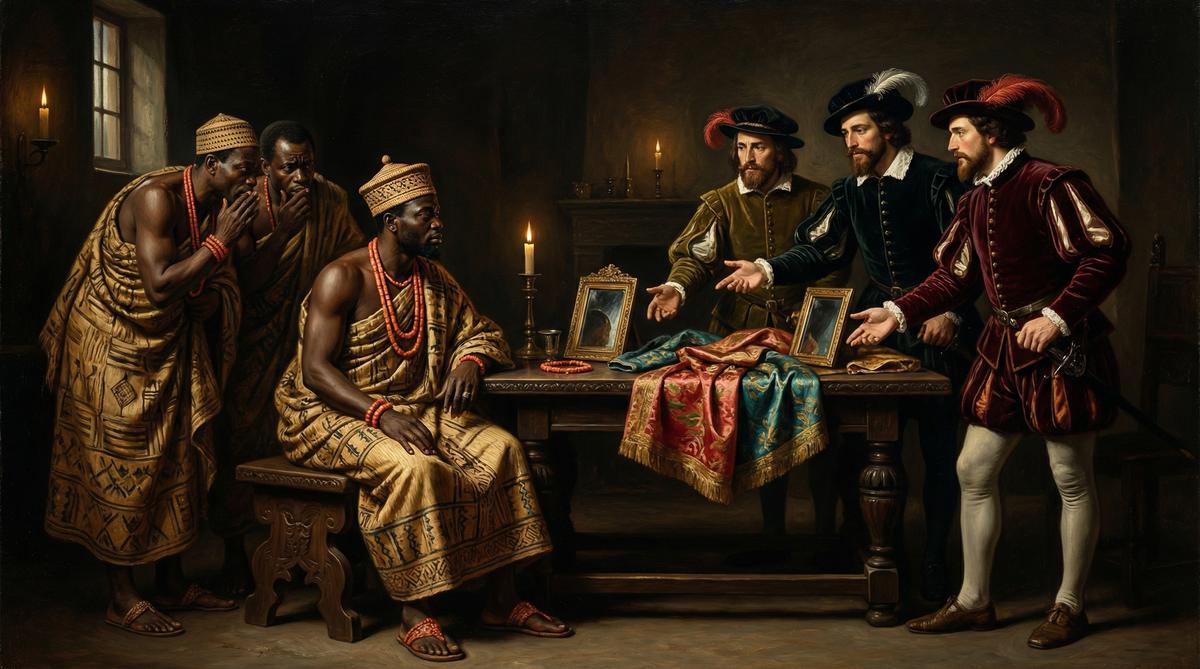 The King of Kongo negotiating with Portuguese merchants in the 1490s — trading away his kingdom's sovereignty for foreign luxury goods, not realizing the trap being set.