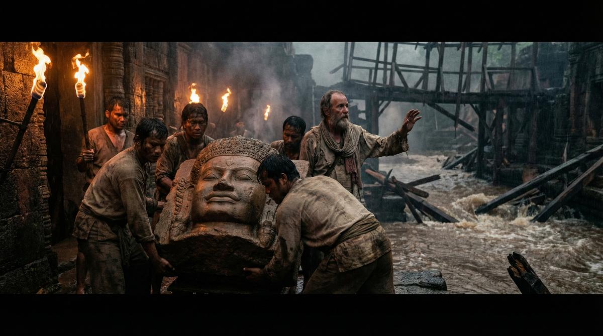 Desperate Khmer engineers tearing apart a sacred temple to salvage stone blocks for an emergency bridge during catastrophic flooding
