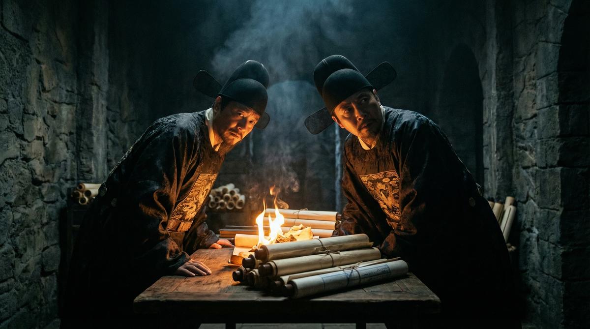 Ming Dynasty court officials burning ship blueprints — the Haijin Sea Ban that destroyed China's economic dominance