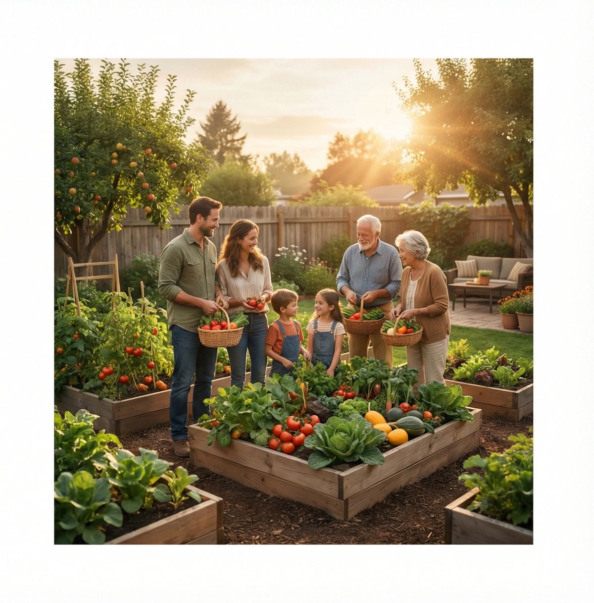 American family building resilience with a backyard garden