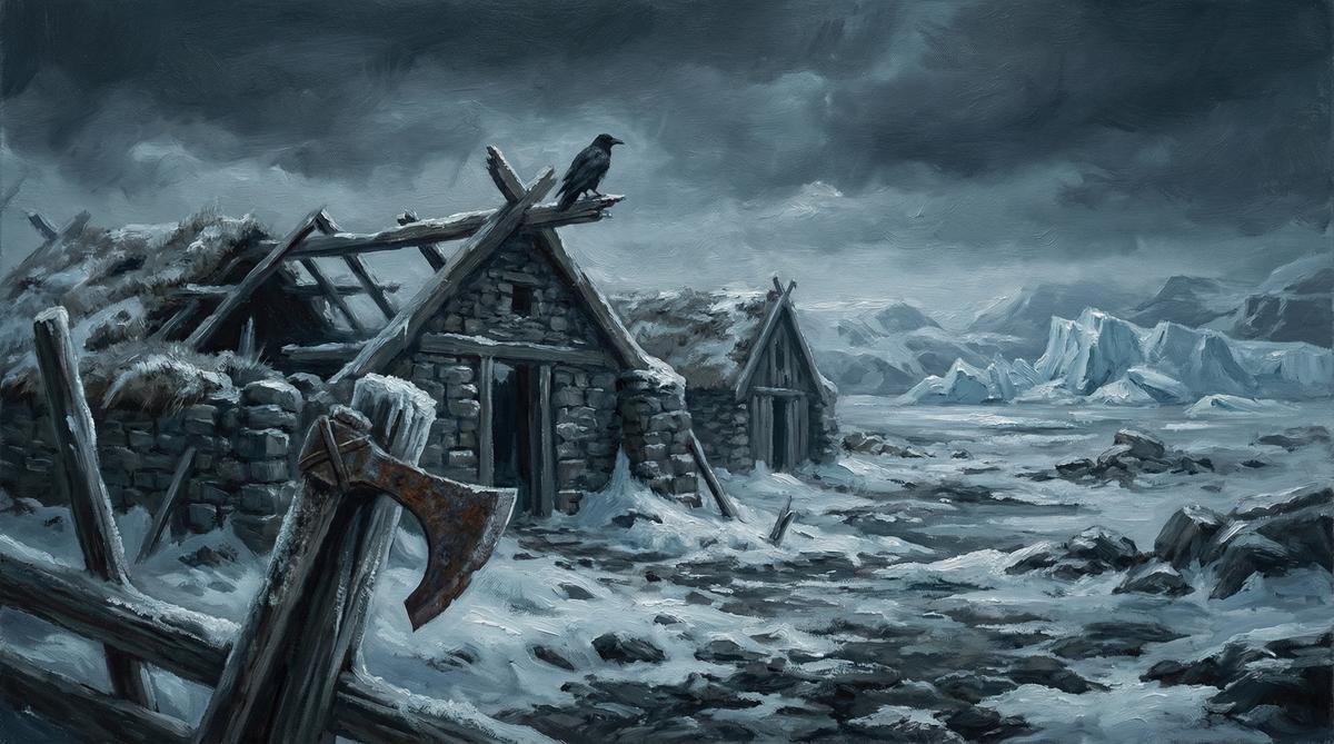 Abandoned Viking settlement in Greenland — crumbling stone walls, rusted axe, a raven on the ruins