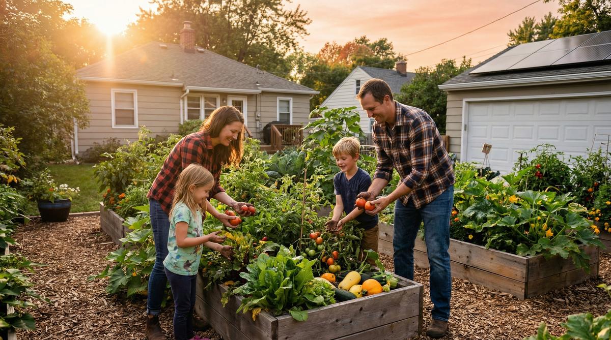 American family harvesting vegetables from backyard garden at golden hour