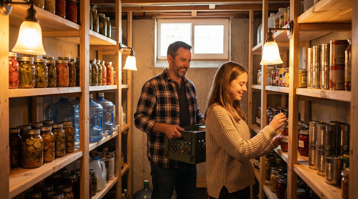 American family organizing a well-stocked pantry with emergency supplies