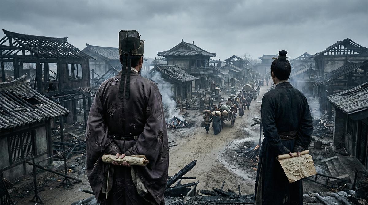 Aftermath of the An Lushan Rebellion - ruined Tang Dynasty city with refugees