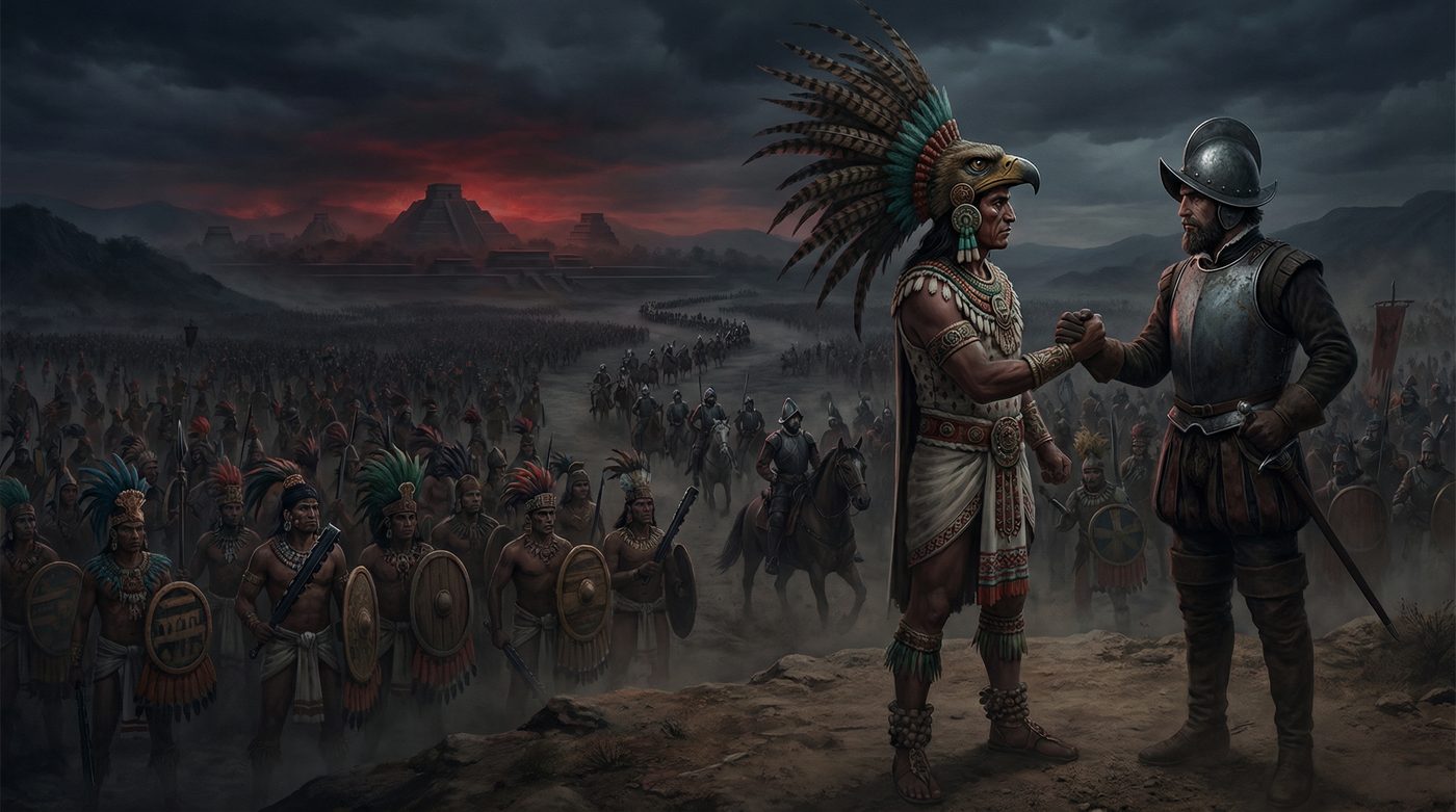 Tlaxcalan warriors and Spanish conquistadors forge their alliance against the Aztec Empire
