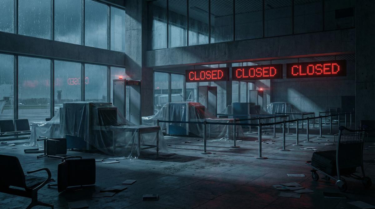 Abandoned, closed US airport TSA security checkpoint with red CLOSED signs, symbolizing government shutdown and institutional failure