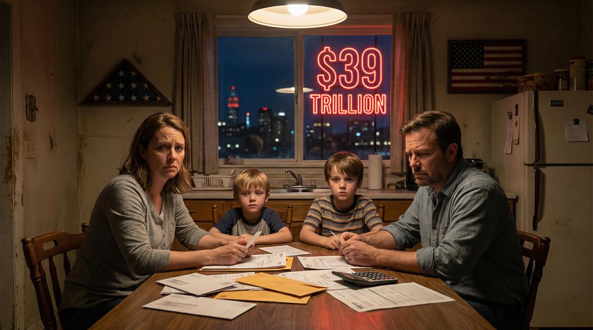 American family at kitchen table surrounded by bills, with $39 trillion debt visible through the window — symbolizing the national debt burden on ordinary families