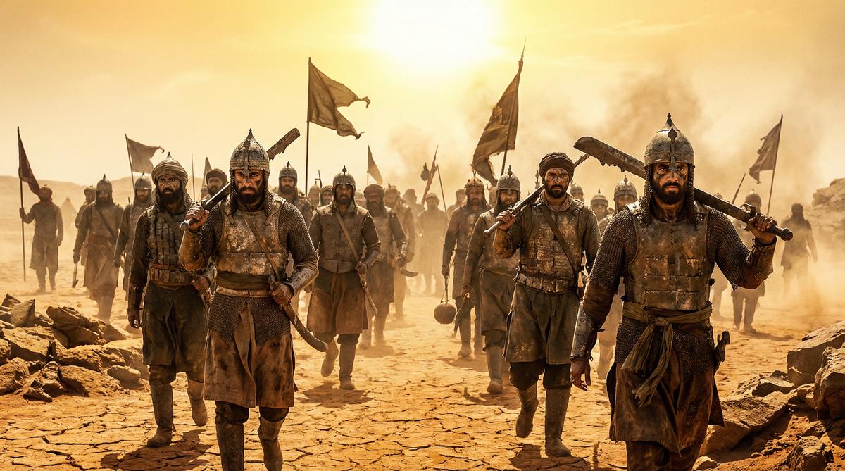 Exhausted Mughal army marching through desert during the Deccan Wars