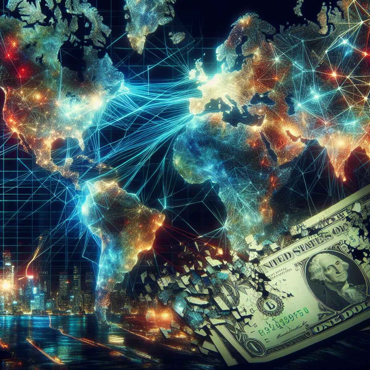 Global trade routes map showing US connections fading while China and BRICS nations build new financial networks, representing de-dollarization