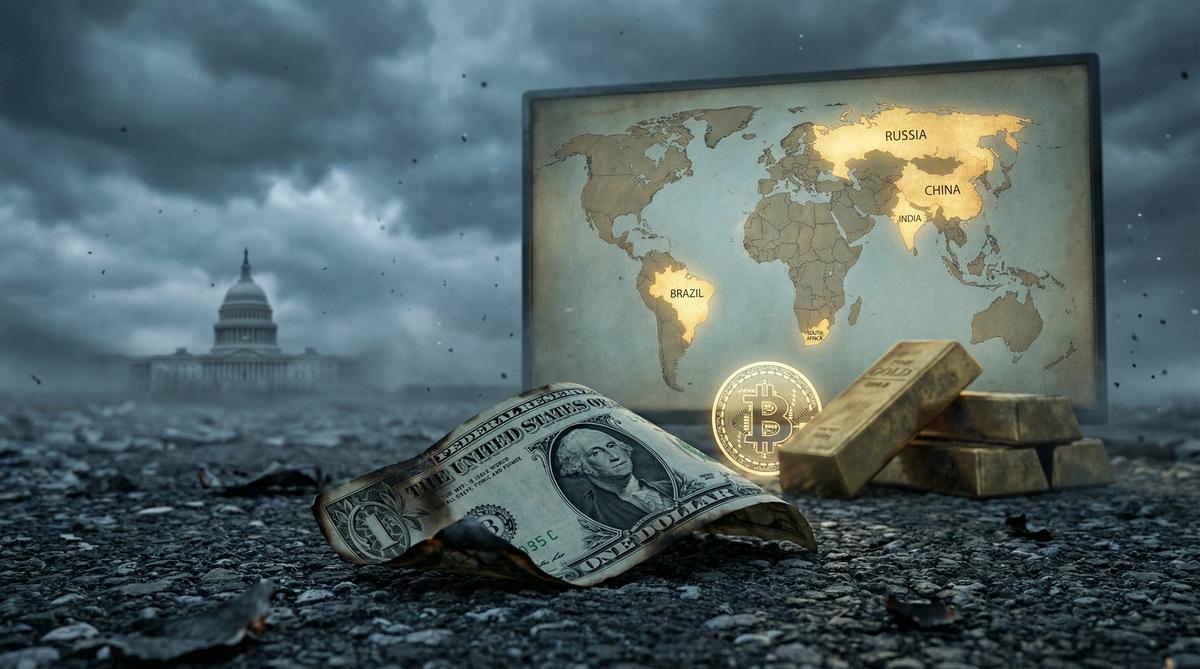 A crumbling US dollar bill with BRICS nations rising in the background — the modern parallel to the Kongo Kingdom's loss of economic sovereignty.