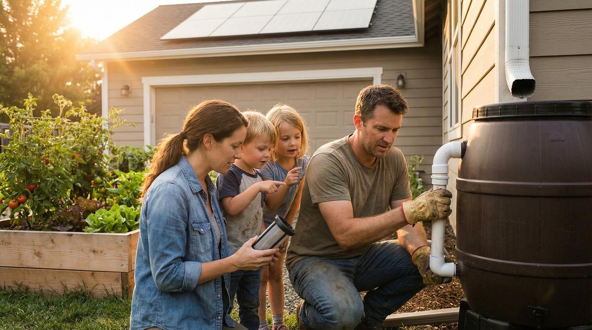 American family installing a rainwater collection system with raised-bed garden and solar panels visible