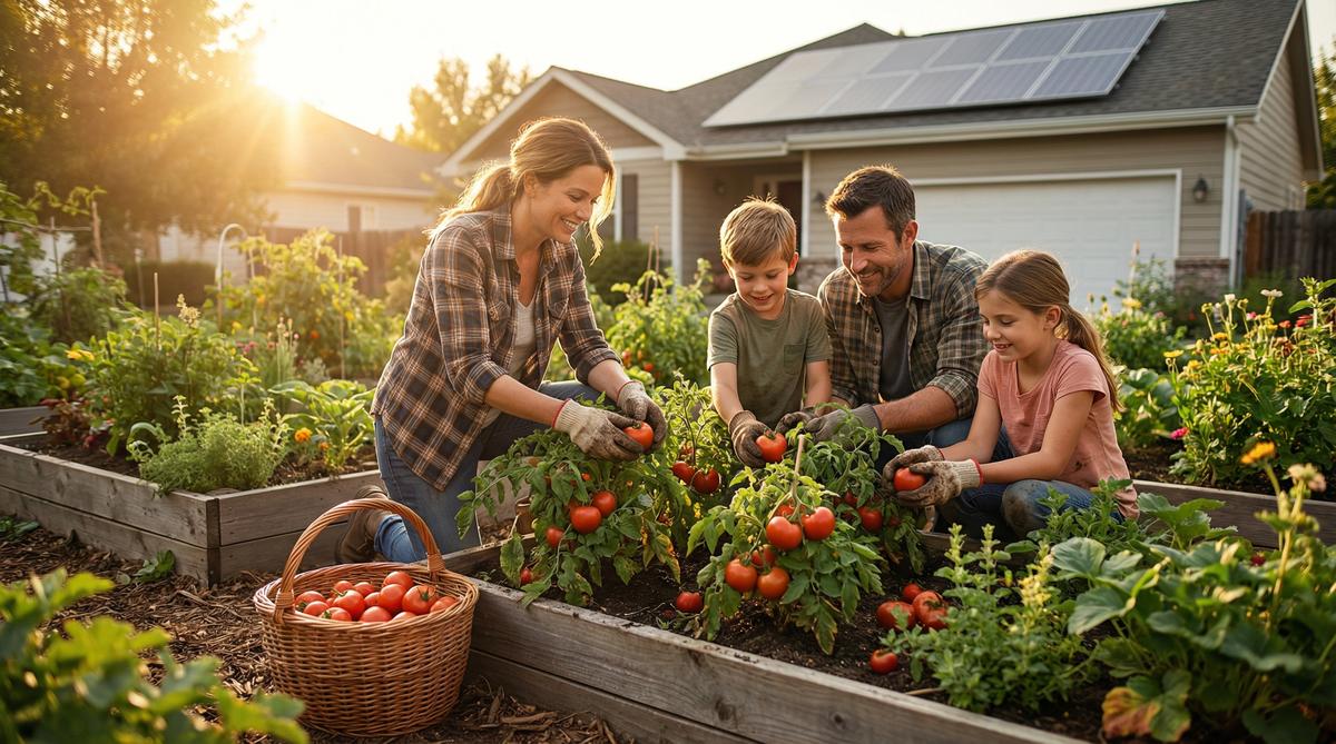 American family harvesting tomatoes from raised-bed garden — building resilience against economic collapse
