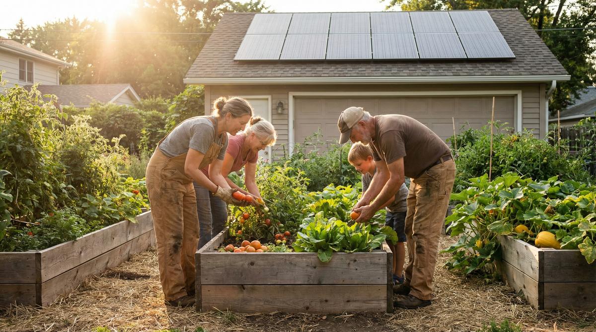 American family harvesting vegetables from raised-bed garden with solar panels on garage roof