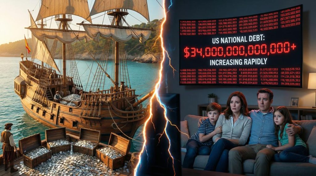 Spanish galleon and US national debt - split screen hero image