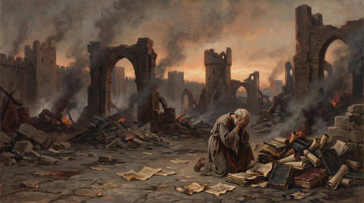 Aftermath of the Sack of Baghdad - Scholar Weeping Over Destroyed Books