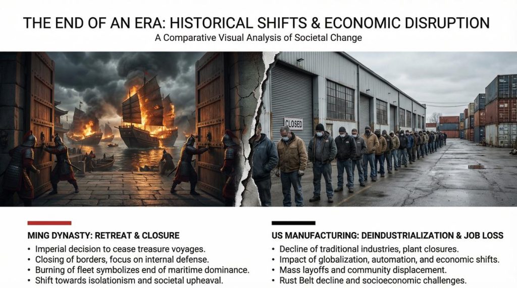 Ming Dynasty burning treasure ships vs. American factory workers laid off — historical parallel to US tariff isolationism