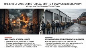 Ming Dynasty burning treasure ships vs. American factory workers laid off — historical parallel to US tariff isolationism