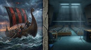 Viking longship stormy sea alongside empty UN General Assembly chamber — the empire that walked away